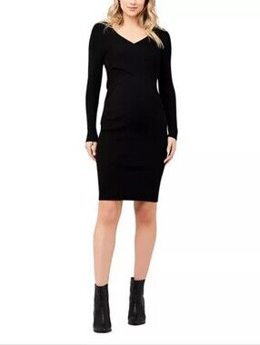 Ripe Maternity Black Ribbed Long Sleeve V-Neck Bodycon Dress Size S